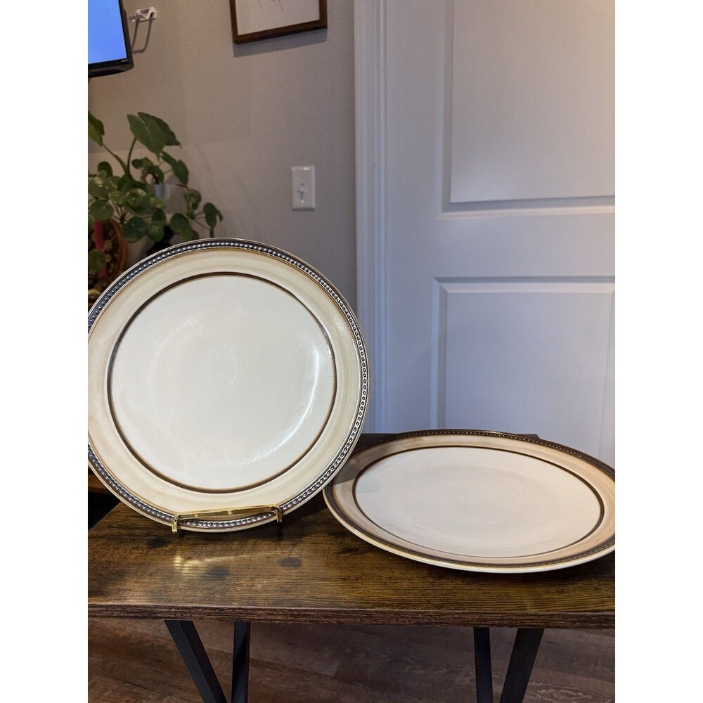 Pfaltzgraff Catalina 11” Dinner Plates Set of 2 Cream Brown Beaded Rim
